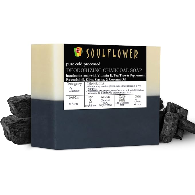 Soulflower Deodorizing Charcoal Soap With Activated Charcoal, Peppermint Oil, Tea Tree Oil, Vitamin E For Acne, Body Odour - 150gm/5.3Oz - Image 1